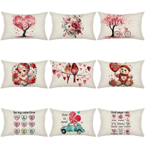 Valentinstag Herz Baum Blumen Druck Lendenkissenbezug Dekorativer Polyester Kissenbezug In Leinenoptik Für Sofa Dekor