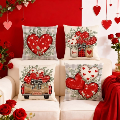 Valentine Day Decorative Pillow Cover Heart Love Truck Print Polyester Linen Cushion Case For Home Sofa Couch Decor