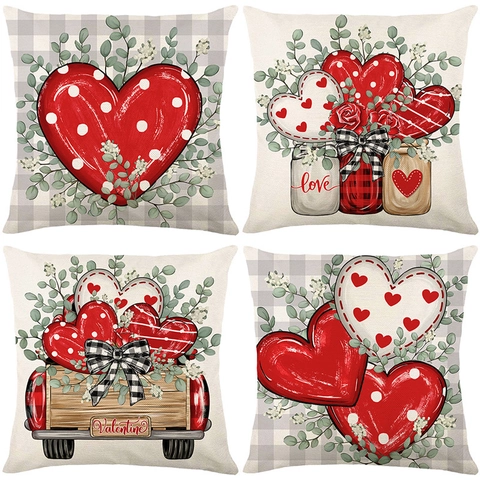 Valentine Day Decorative Pillow Cover Heart Love Truck Print Polyester Linen Cushion Case For Home Sofa Couch Decor