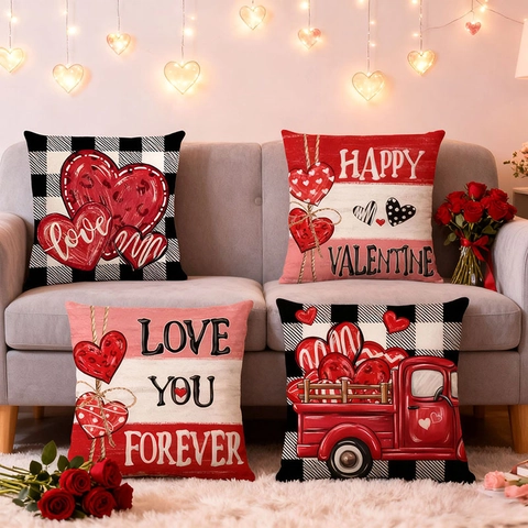 Taies d'Oreiller Décoratives Saint Valentin Lin Carreaux Buffalo Camion Rouge Motif Cœur Pour Canapé Salon Maison Décor Cadeau de Saint Valentin