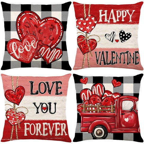 Taies d'Oreiller Décoratives Saint Valentin Lin Carreaux Buffalo Camion Rouge Motif Cœur Pour Canapé Salon Maison Décor Cadeau de Saint Valentin