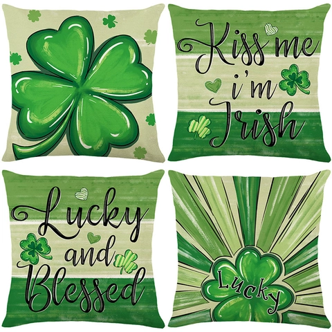 Fundas De Cojín Día De San Patricio Verde Trébol Lucky Mezcla De Lino Fundas De Alμοhada Dormitorio Sala Sofá Decorativo Festivo