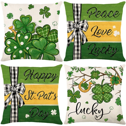 St Patricks Day Decorative Pillowcase Shamrock Horseshoe Lucky Print Polyester Linen Cushion Cover For Sofa Living Room Home Decor