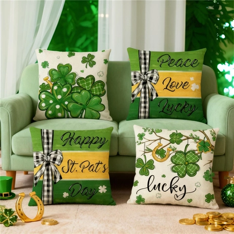 St Patricks Day Decorative Pillowcase Shamrock Horseshoe Lucky Print Polyester Linen Cushion Cover For Sofa Living Room Home Decor