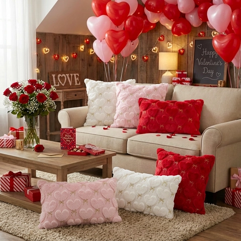 Federa Per Cuscino In Peluche Ricamata Con Cuore Di San Valentino Finta Pelliccia Di Coniglio Decorazione Romantica