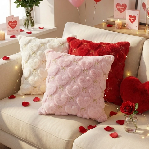 Federa Per Cuscino In Peluche Ricamata Con Cuore Di San Valentino Finta Pelliccia Di Coniglio Decorazione Romantica