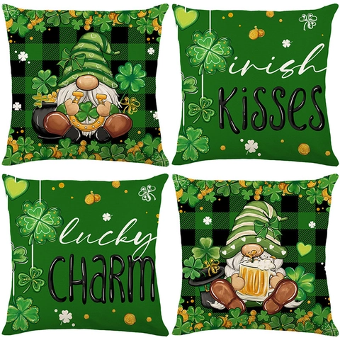 St. Patrick's Day Pillow Case Gnome Shamrock Buffalo Plaid Throw Pillow Cover For Sofa Living Room Green Festive Home Decor
