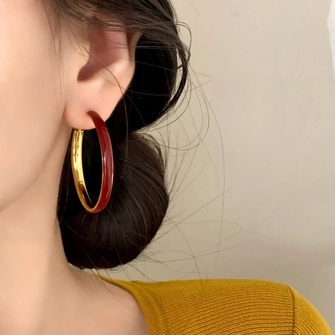 Retro Hoop Oorbellen Koper 18K Verguld Emaille Geometrisch Grote Cirkel Frans Vintage Elegant Voor Vrouwen