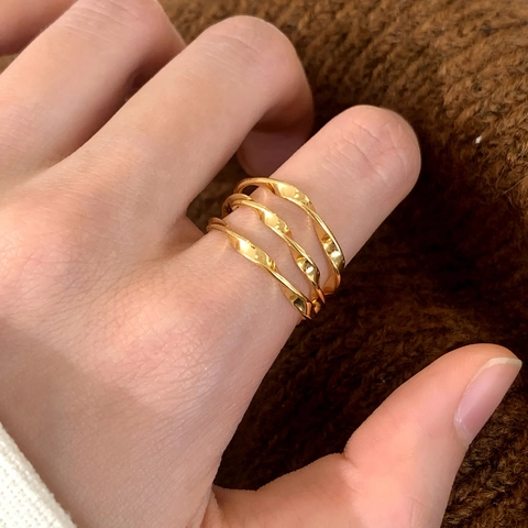 Three Layer Twisted Geometric Open Ring Copper Adjustable Jewelry For Women Daily Versatile Light Luxury Style Accessory