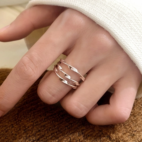 Three Layer Twisted Geometric Open Ring Copper Adjustable Jewelry For Women Daily Versatile Light Luxury Style Accessory