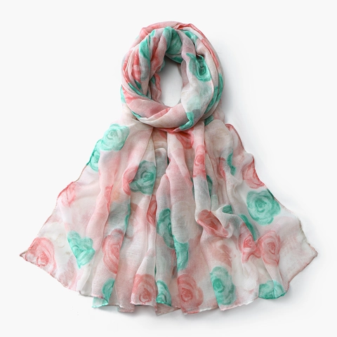 Lange Damessjaal Met Bloemenprint Roos Voile Elegante Lichte Sjaal Zonbescherming Stranddoek