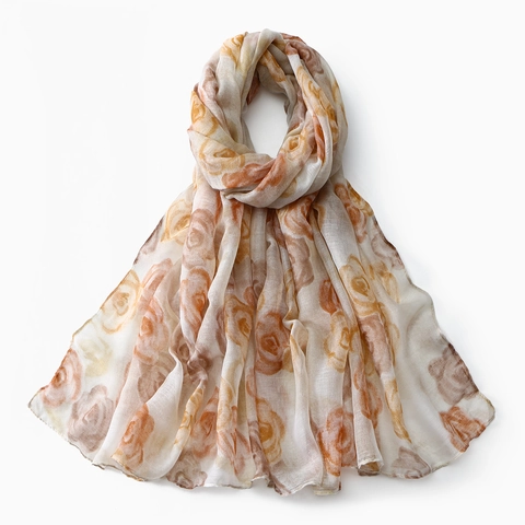 Lange Damessjaal Met Bloemenprint Roos Voile Elegante Lichte Sjaal Zonbescherming Stranddoek