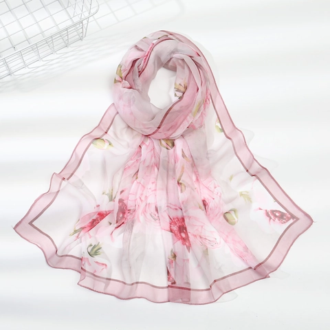 Women Floral Print Georgette Scarf Elegant Thin Long Shawl Wrap Lightweight Polyester Scarf Fashionable Korean Style Neck Scarf For Spring Summer