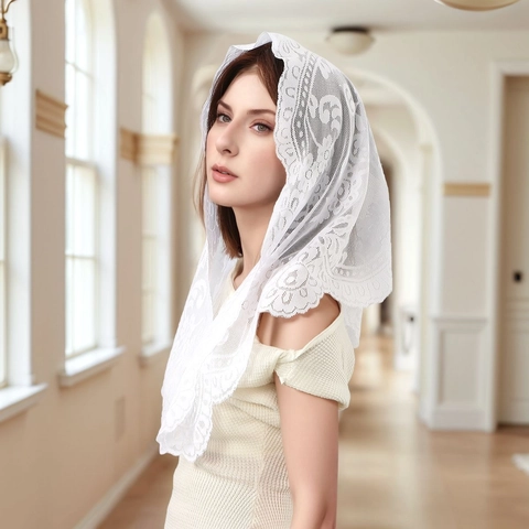 Bestickt Floral Spitze Dreieckstuch Hochzeit Kirche Schleier Für Damen Elegant Bogenkante Mantilla Braut Kopfbedeckung Zubehör