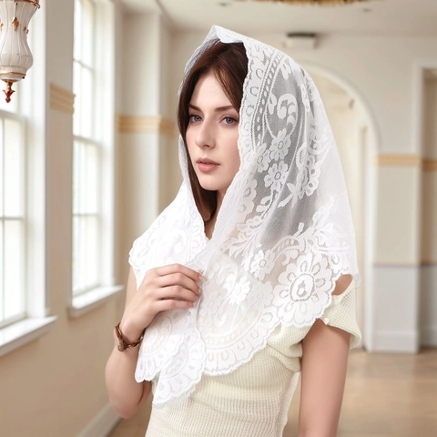 Bestickt Floral Spitze Dreieckstuch Hochzeit Kirche Schleier Für Damen Elegant Bogenkante Mantilla Braut Kopfbedeckung Zubehör