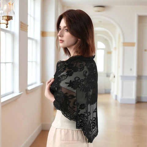 Women's Elegant Floral Lace Embroidery Triangle Shawl Scalloped Edge Polyester Mantilla For Church Wedding Decorative Scarf