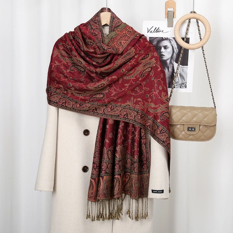 Vintage Ethnic Paisley Print Tassel Fringe Scarf Large Shawl Wrap For Women Elegant Autumn Winter Polyester Neck Scarf