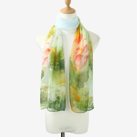 Dames Lange Sjaal Georgette Chiffon Lichtgewicht Bloemenprint Lotus Zonbescherming Ethische Omslagdoek Accessoires