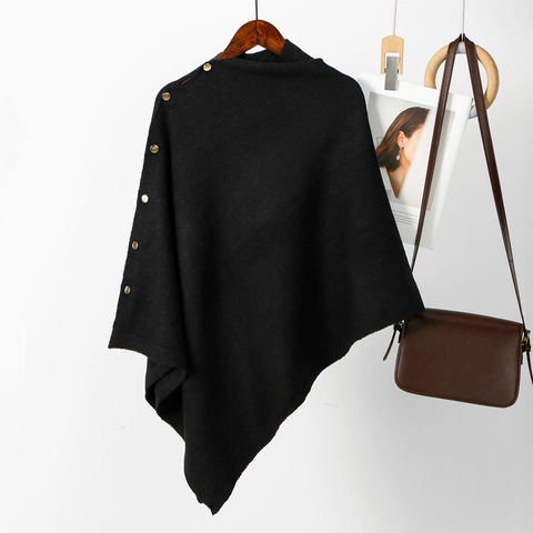 Chal de Punto para Mujer Poncho Cuello Oblicuo Botón Dorado Grueso Cálido Color Sólido Capa Decorativa Otoño Invierno