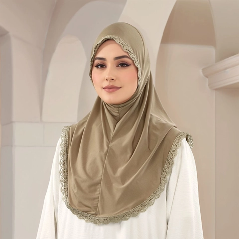 Women's Muslim Hijab Khimar Elegant Polyester Gold Lace Trim Floral Long Scarf Head Wrap Ethnic Religious Wedding Shawl