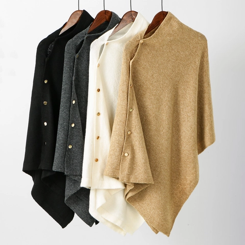 Chal de Punto para Mujer Poncho Cuello Oblicuo Botón Dorado Grueso Cálido Color Sólido Capa Decorativa Otoño Invierno