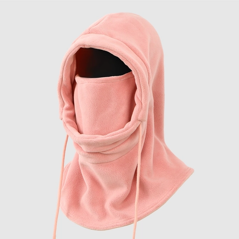 Winter Solid Color Fleece Balaclava Hooded Scarf Windproof Thermal Cold-Weather Drawstring Hat For Men Women Outdoor