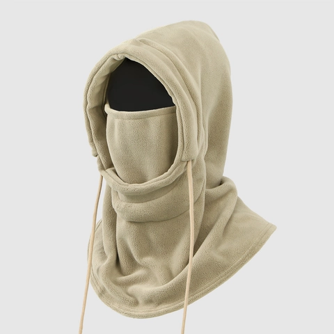 Winter Solid Color Fleece Balaclava Hooded Scarf Windproof Thermal Cold-Weather Drawstring Hat For Men Women Outdoor