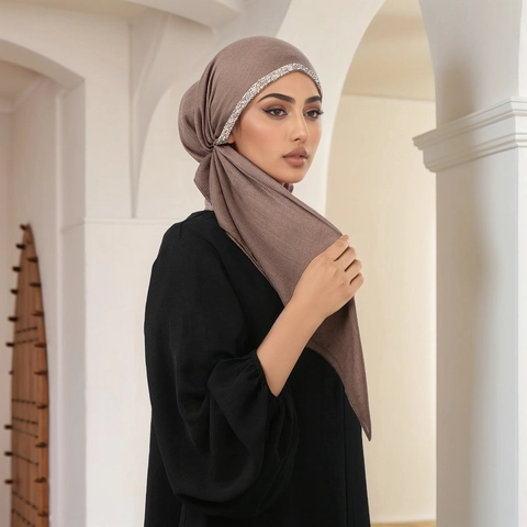 Women Rhinestone Muslim Hijab Cap Soft Breathable Polyester Headscarf Fashion Elegant Long Turban Wrap For Daily Church