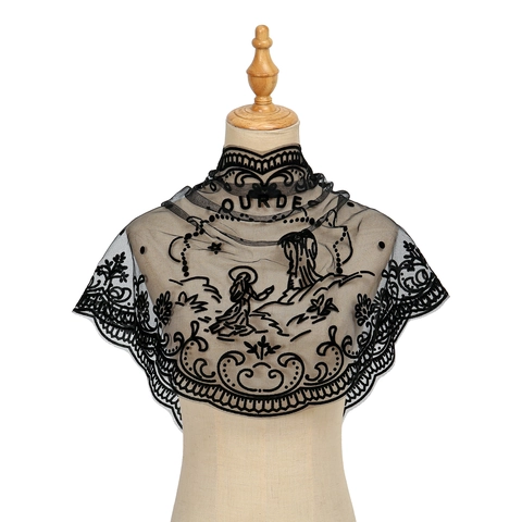 Women's Retro Triangular Lace Mantilla Headscarf Religious Fatima Lourdes Embroidery Hollow Out Tassel Shawl Polyester Scarf
