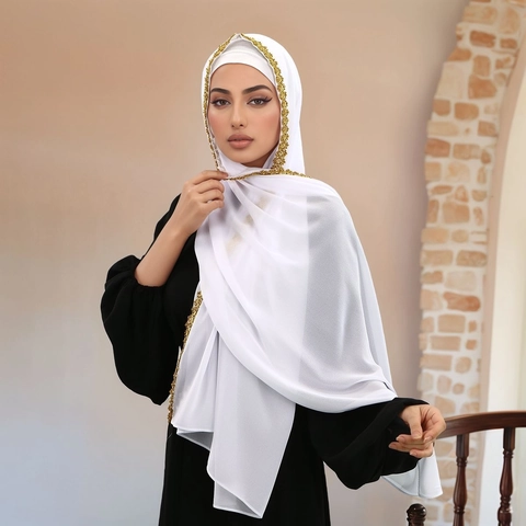 Élégante Écharpe en Mousseline pour Femme Avec Bord en Dentelle Florale Dorée Hijab de Mode Polyvalent Châle pour Mariage Fête Quotidien