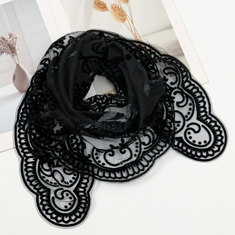Women's Retro Triangular Lace Mantilla Headscarf Religious Fatima Lourdes Embroidery Hollow Out Tassel Shawl Polyester Scarf