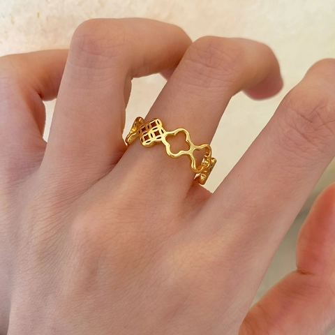 Hollow Quatrefoil Flower Open Ring Copper Vintage Geometric Adjustable Band Retro Style Elegant Jewelry For Women