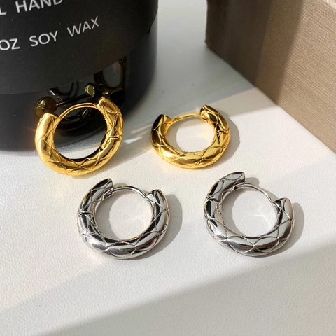Minimalist Quilted Pattern Hoop Earrings Copper Gold Silver Plated Geometric C Shape Vintage French Style Jewelry For Women
