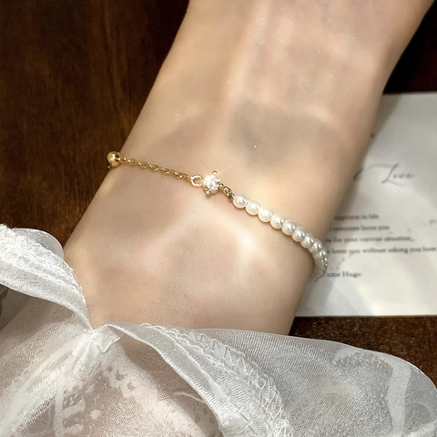 French Elegant Spliced Artificial Pearl Metal Chain Bracelet With Zircon Minimalist Design Adjustable Extension For Women