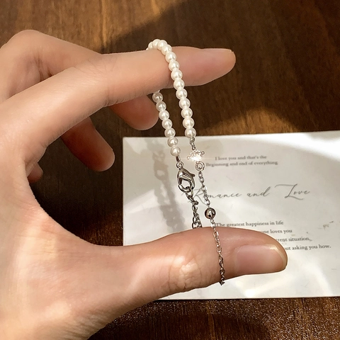 French Elegant Spliced Artificial Pearl Metal Chain Bracelet With Zircon Minimalist Design Adjustable Extension For Women