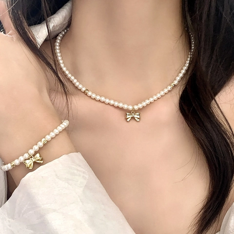 Elegant Bow Pendant Artificial Pearl Necklace And Bracelet French Style Luxury Jewelry For Women Gold Plated Versatile Accessory