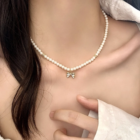 Elegant Bow Pendant Artificial Pearl Necklace And Bracelet French Style Luxury Jewelry For Women Gold Plated Versatile Accessory