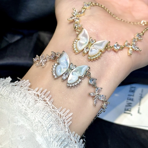 Bijoux Papillon En Nacre Coquille Zircon Élégant Plaqué Or Pendentif Collier Bracelet Mode Pour Femmes Cadeau