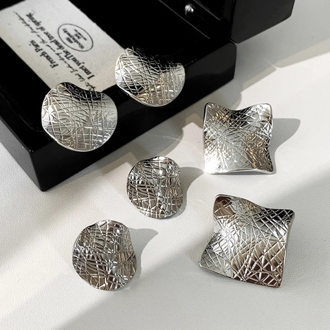 Geometric Stud Earrings For Women Copper Silver Plated Wrinkled Leather Texture Irregular Round Square Modern Jewelry