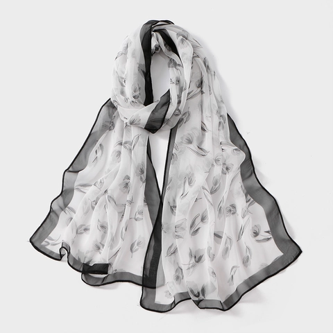 Women Elegant Chiffon Floral Print Scarf Lightweight Tulip Pattern Hijab Bandana Long Wrap Shawl Accessories For Travel Daily