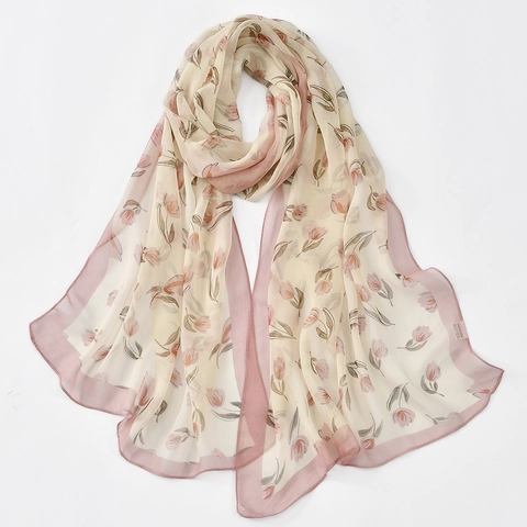 Women Elegant Chiffon Floral Print Scarf Lightweight Tulip Pattern Hijab Bandana Long Wrap Shawl Accessories For Travel Daily