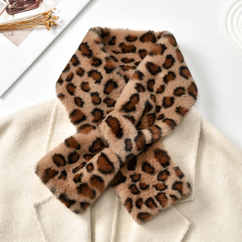Leopard Print Faux Fur Scarf Women Winter Thick Warm Neck Warmer Soft Plush Cross Crossover Scarf Fashion Accessories