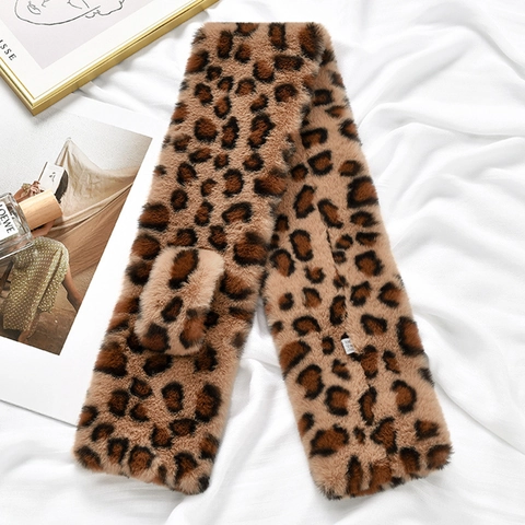 Leopard Print Faux Fur Scarf Women Winter Thick Warm Neck Warmer Soft Plush Cross Crossover Scarf Fashion Accessories