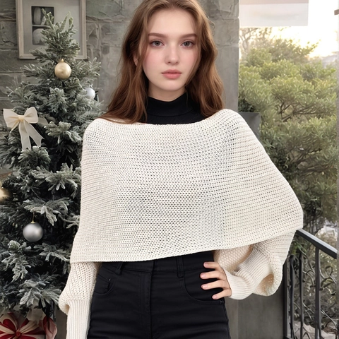 Women Knitted Shrug Shawl With Sleeves Polyester Chunky Knit Wrap Solid Color Casual Autumn Winter Streetwear