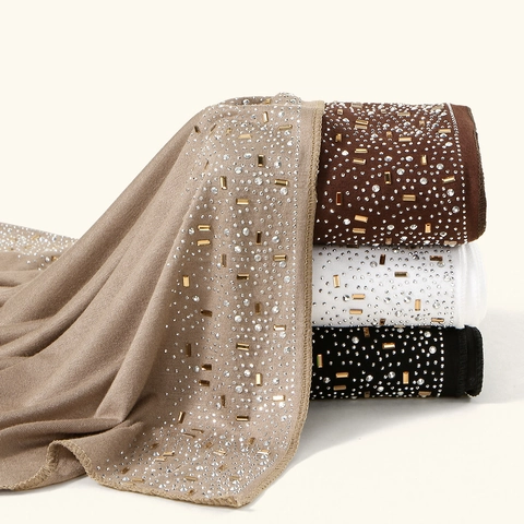 Elegante Polyester Lange Hijab Sjaal Voor Vrouwen Gemerceriseerde Katoenlook Strass Moslim Hoofddoek Sjaal Mode Etnische Sjaal