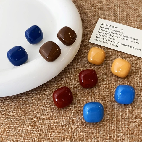 Vintage Square Stud Earrings For Women Drip Oil Copper Geometric Minimalist Small Cube Ear Jewelry Daily Retro Accessories