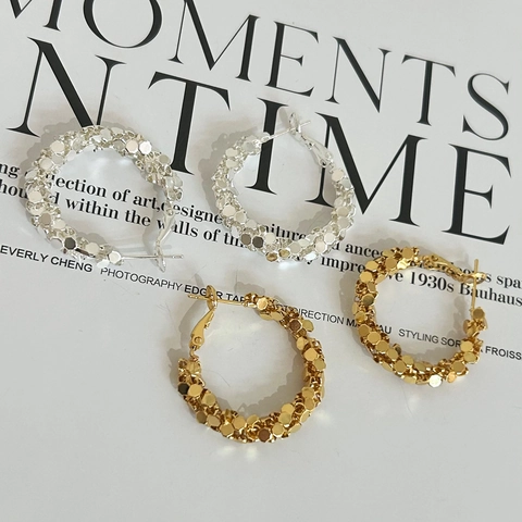 Fashion Hoop Earrings With 925 Sterling Silver Earring Post Alloy Textured Metal Crushed Silver Style For Women