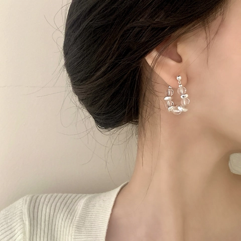 Korean Style Minimalist Glass Bead Hoop Earrings With Silver Plated Copper Post Geometric Niche Design Jewelry For Women