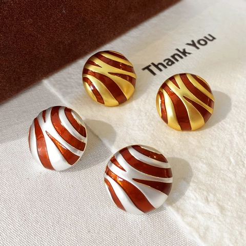 Round Stud Earrings Vintage Leopard Zebra Pattern Enamel Copper Geometric Light Luxury Retro Jewelry For Women