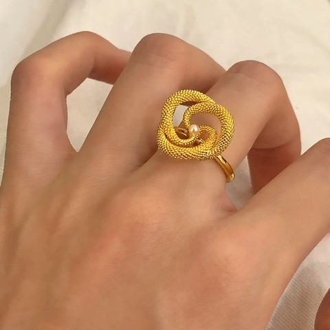 Spiral Twisted Snake Open Ring Copper 18K Gold Silver Plated Artificial Pearl Minimalist Vintage Adjustable Finger Jewelry For Women